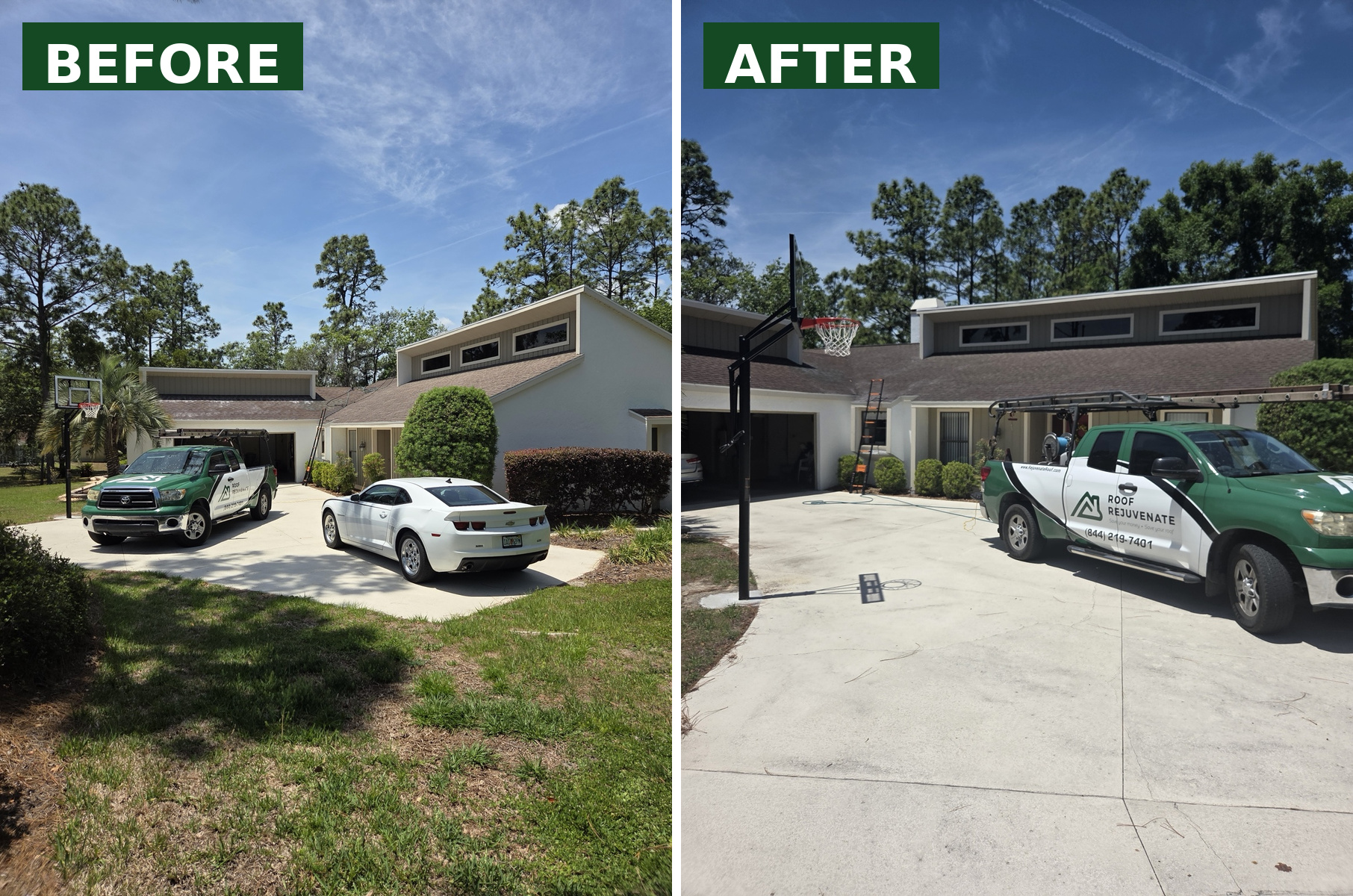 Side-by-side before and after photos of a single-story home with a low-slope shingle roof, pickup truck in the driveway