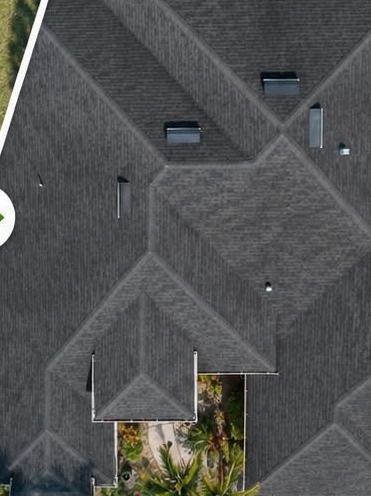 Aerial view of a hip roof with darker charcoal asphalt shingles, labeled after in the original photo