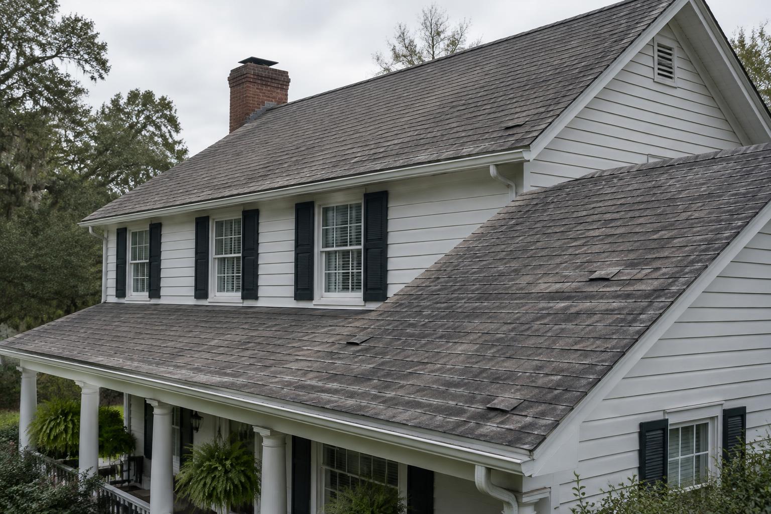 Two-story home with a faded asphalt shingle roof