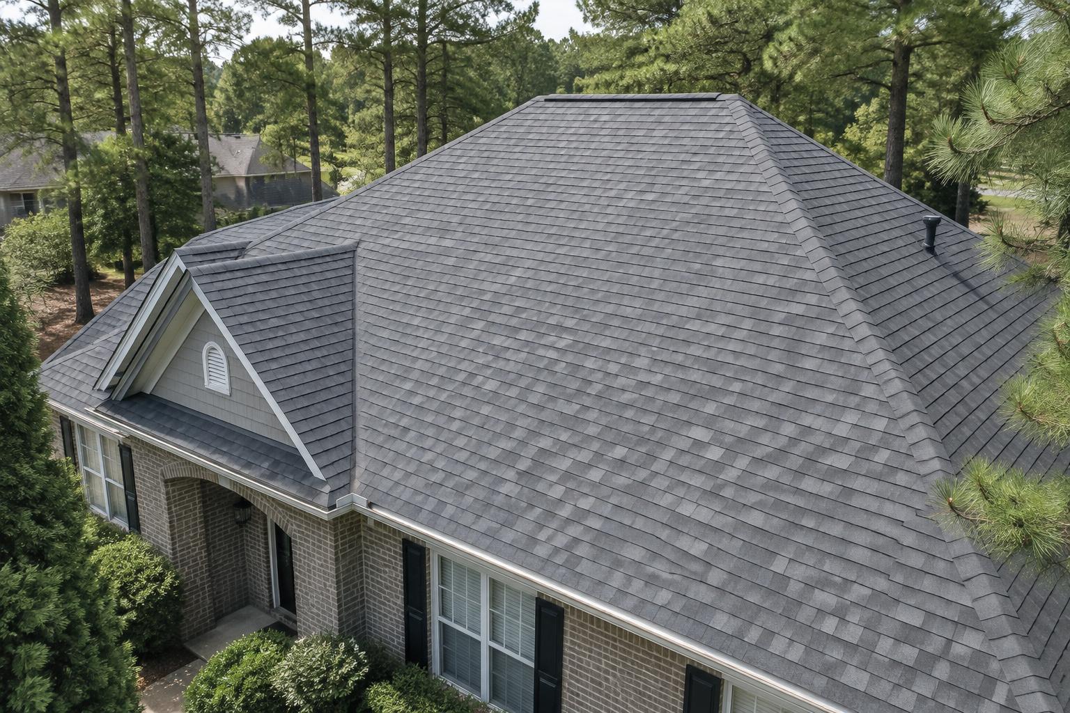 Elevated view of an intact gray shingle roof among pine trees