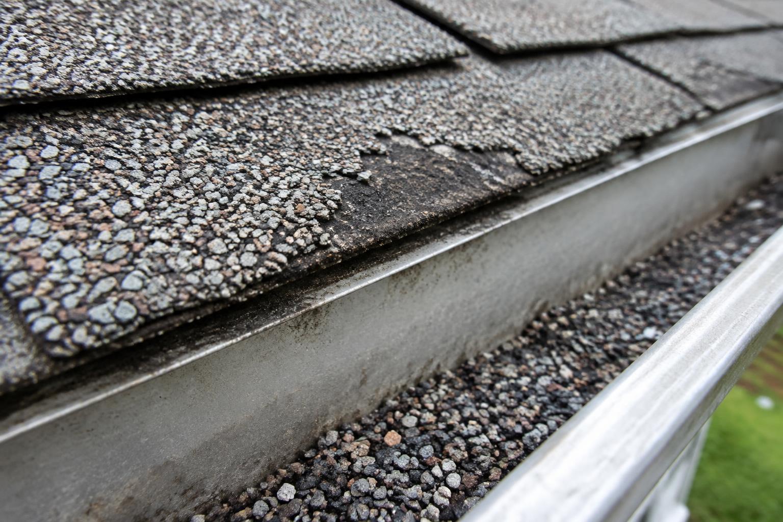 Shingle granules collected in a metal gutter below worn shingles