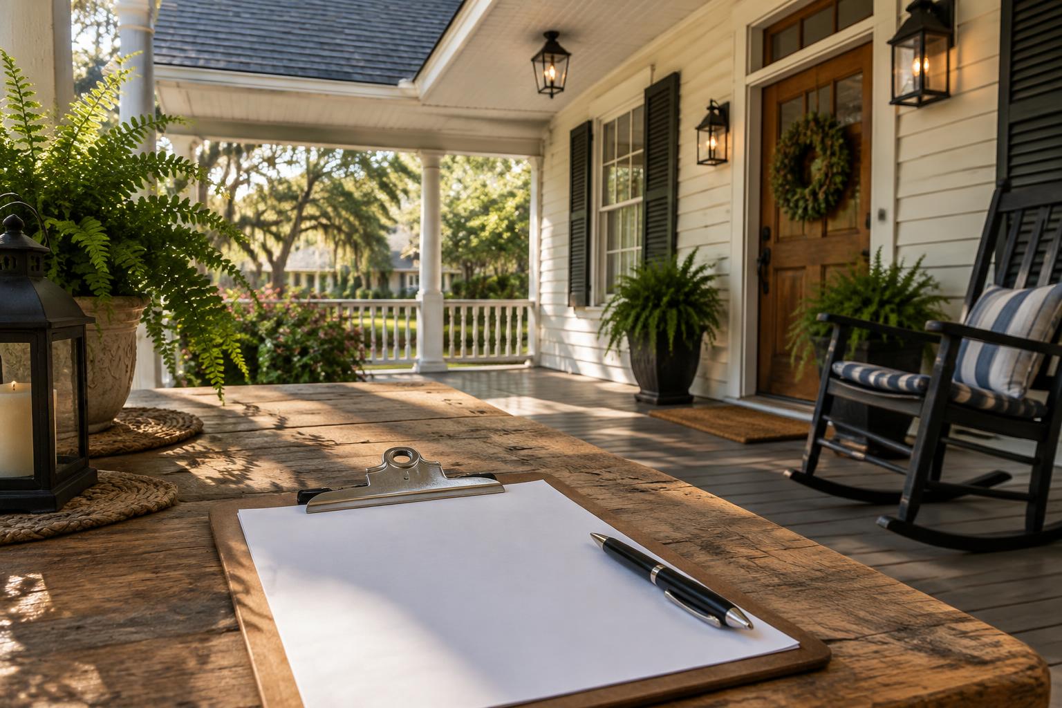 Clipboard and pen on a wooden table on a Southern front porch