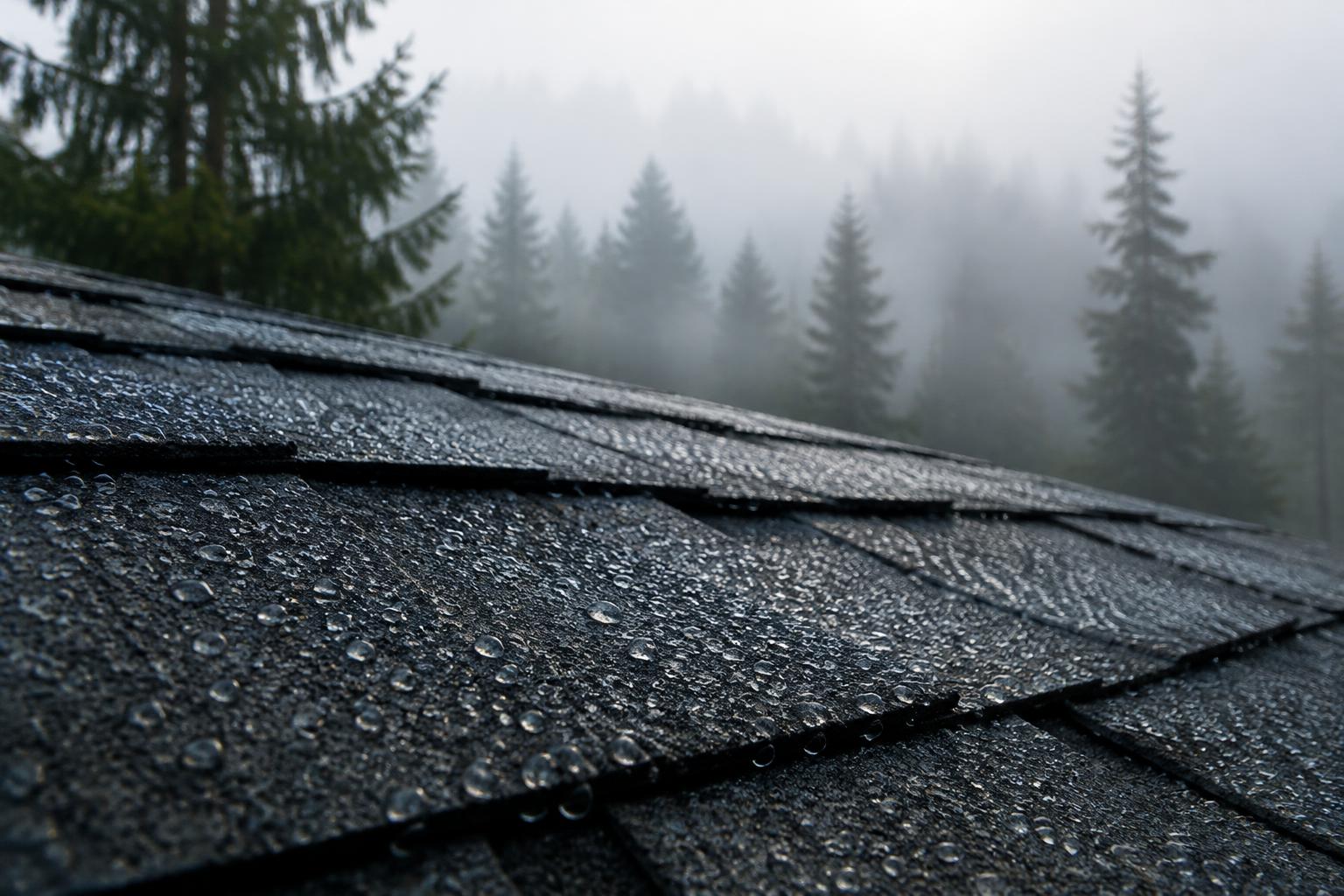 Morning dew on dark asphalt shingles