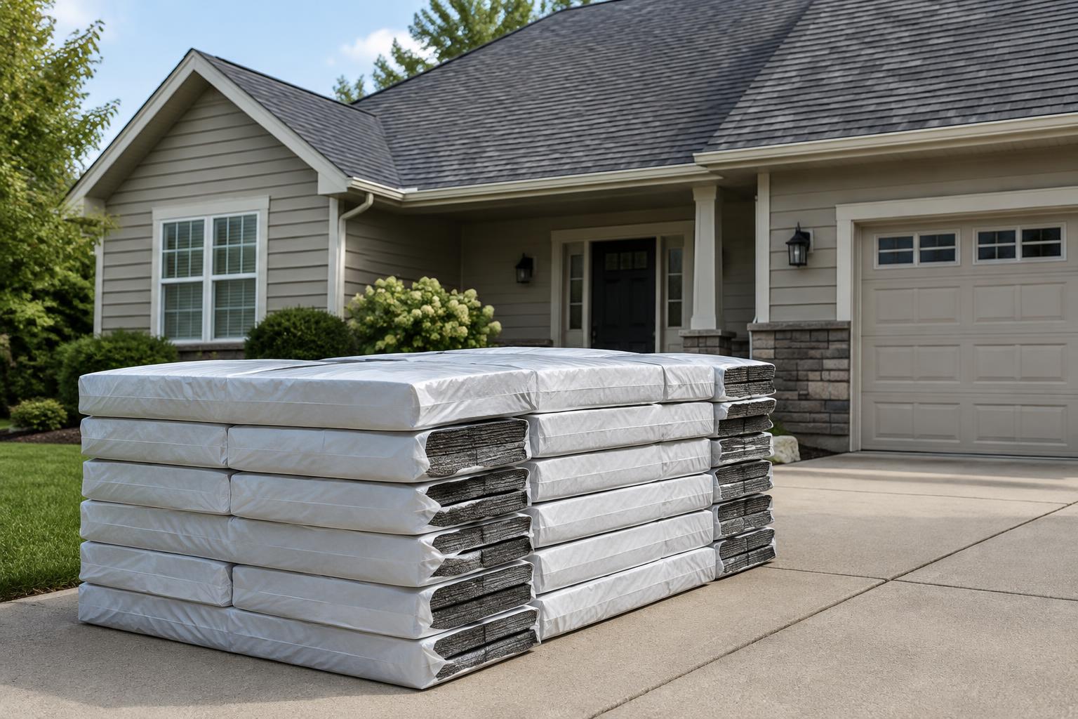 Stacked bundles of new shingles on a driveway in front of a house with a shingle roof