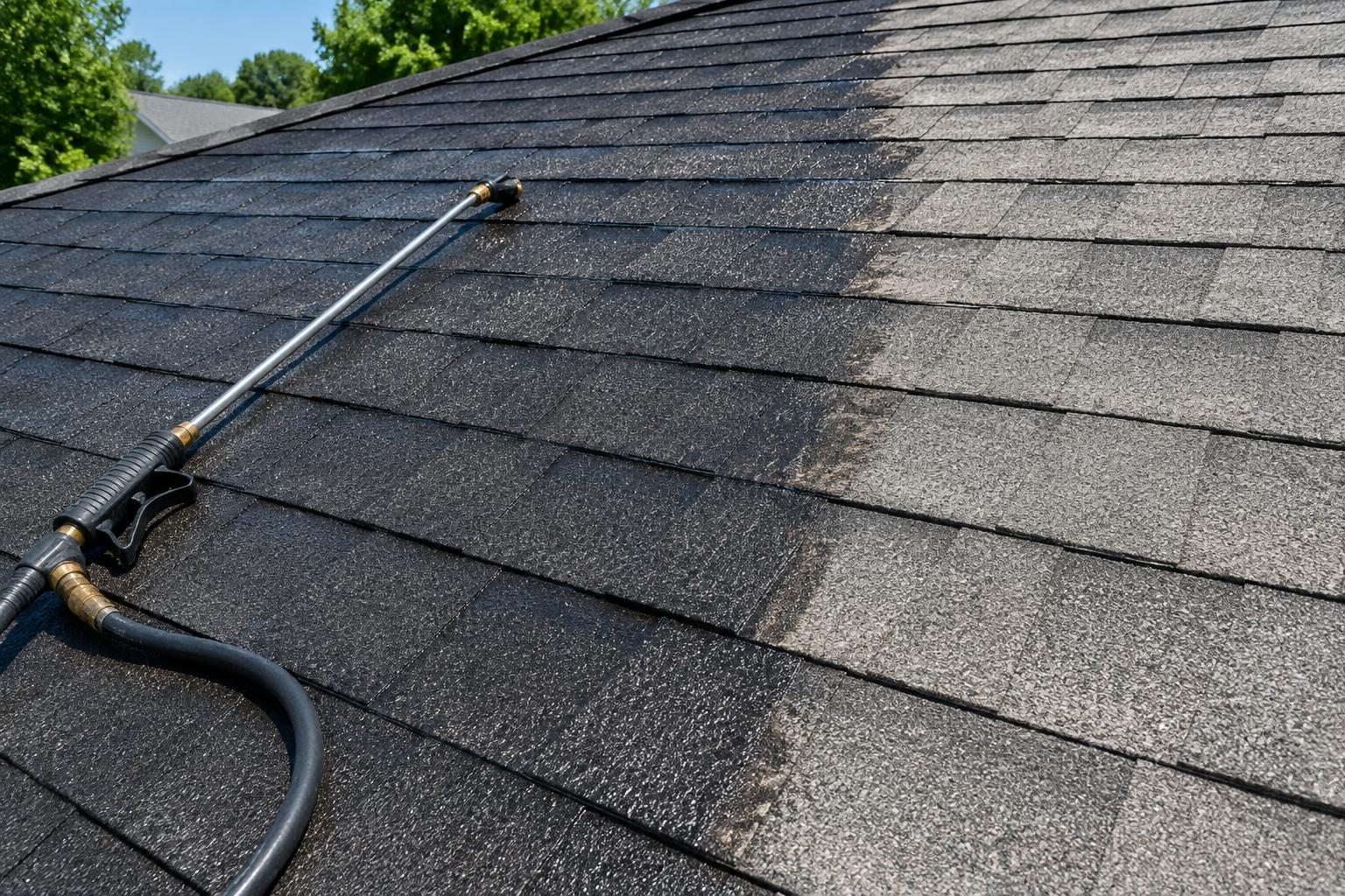 Asphalt shingles with a darker treated section beside a dry gray section and a spray wand resting on the roof