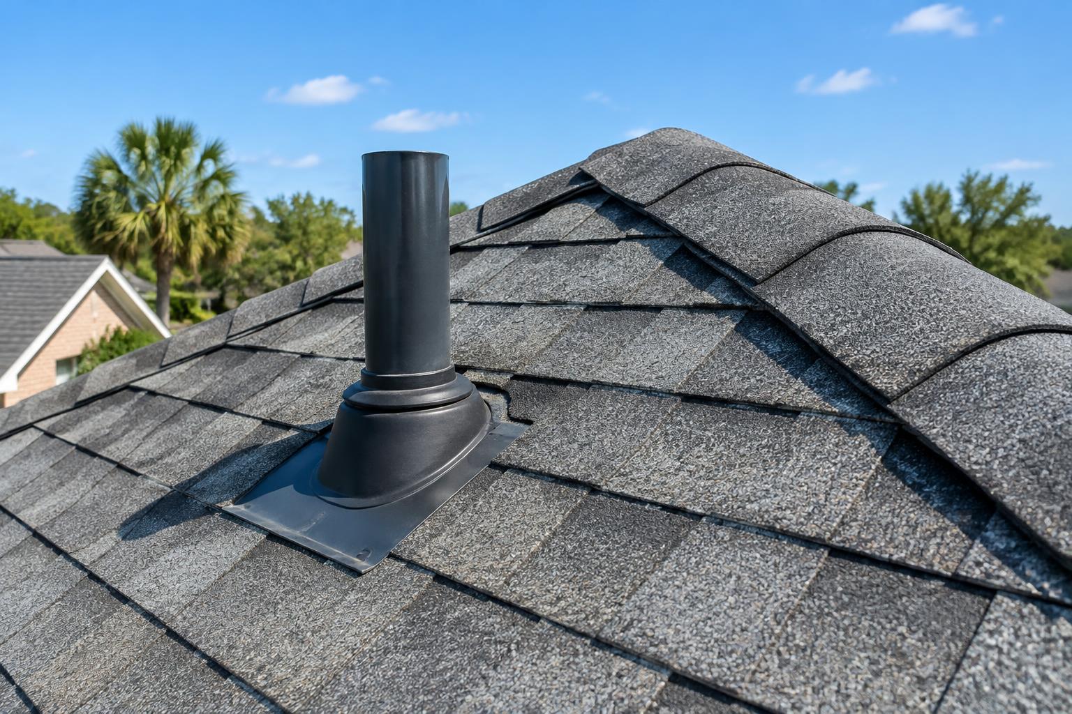 Asphalt shingle roof ridge with a black plumbing vent boot under a blue sky