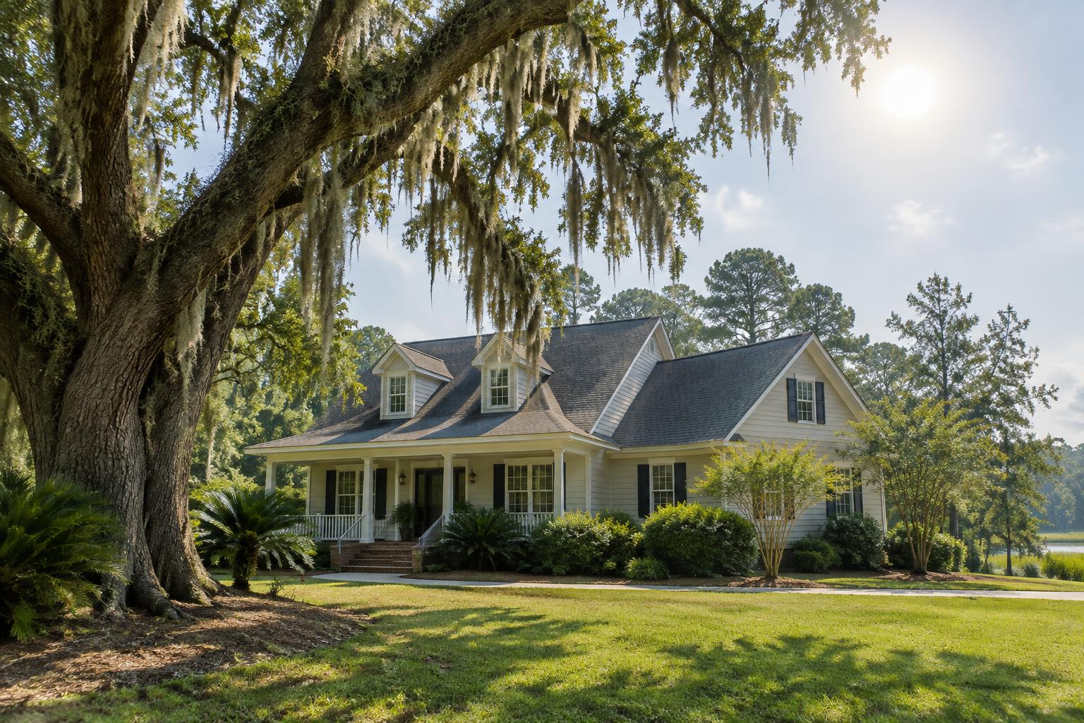 Southern home with a shingle roof under bright sun beside a live oak draped in Spanish moss
